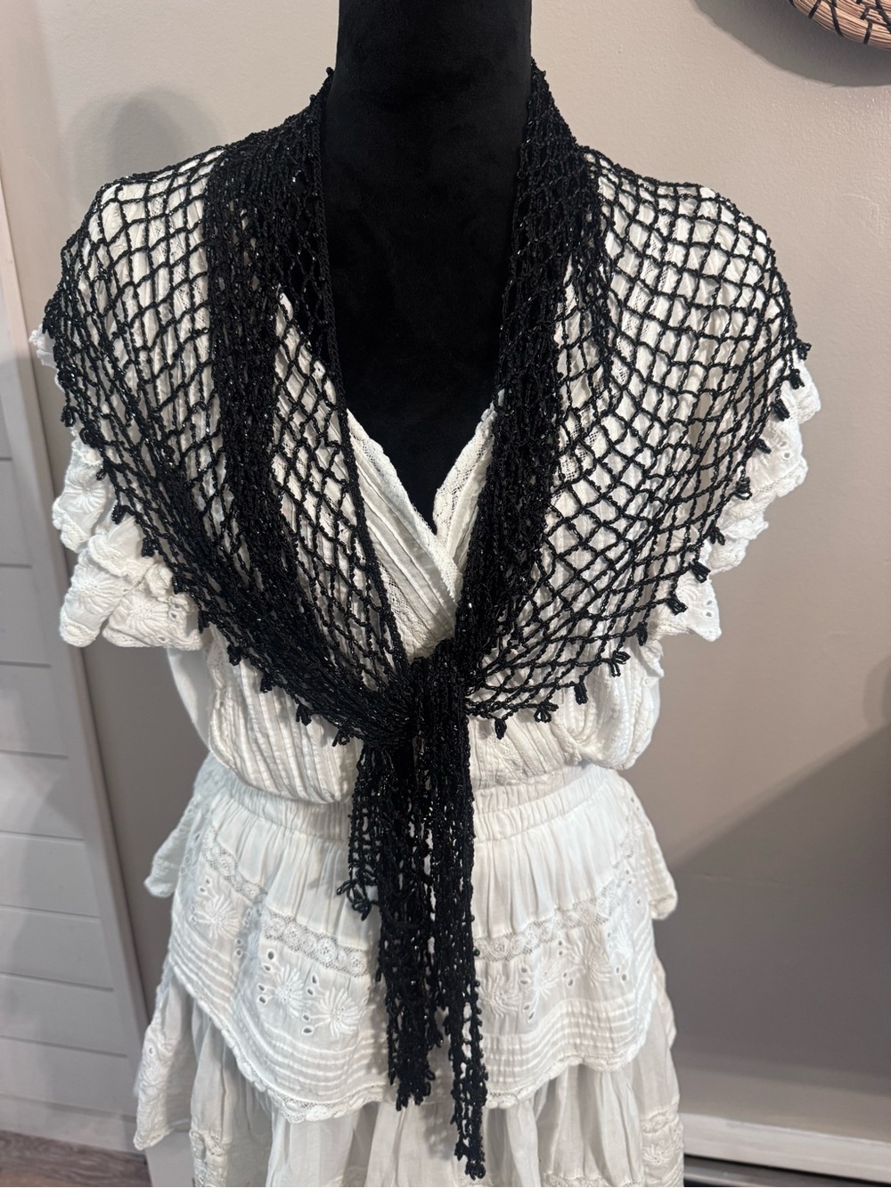 Vintage Beaded Black Crochet Net Scarf Wrap